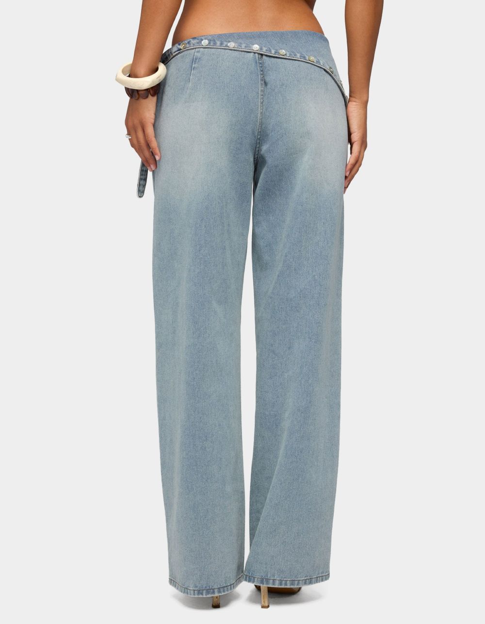 EDIKTED Button Foldover Low Rise Baggy Jeans - LIGHT BLUE
