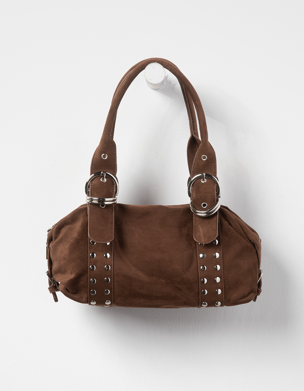 Studded Faux Suede Shoulder Bag  - DARK BROWN