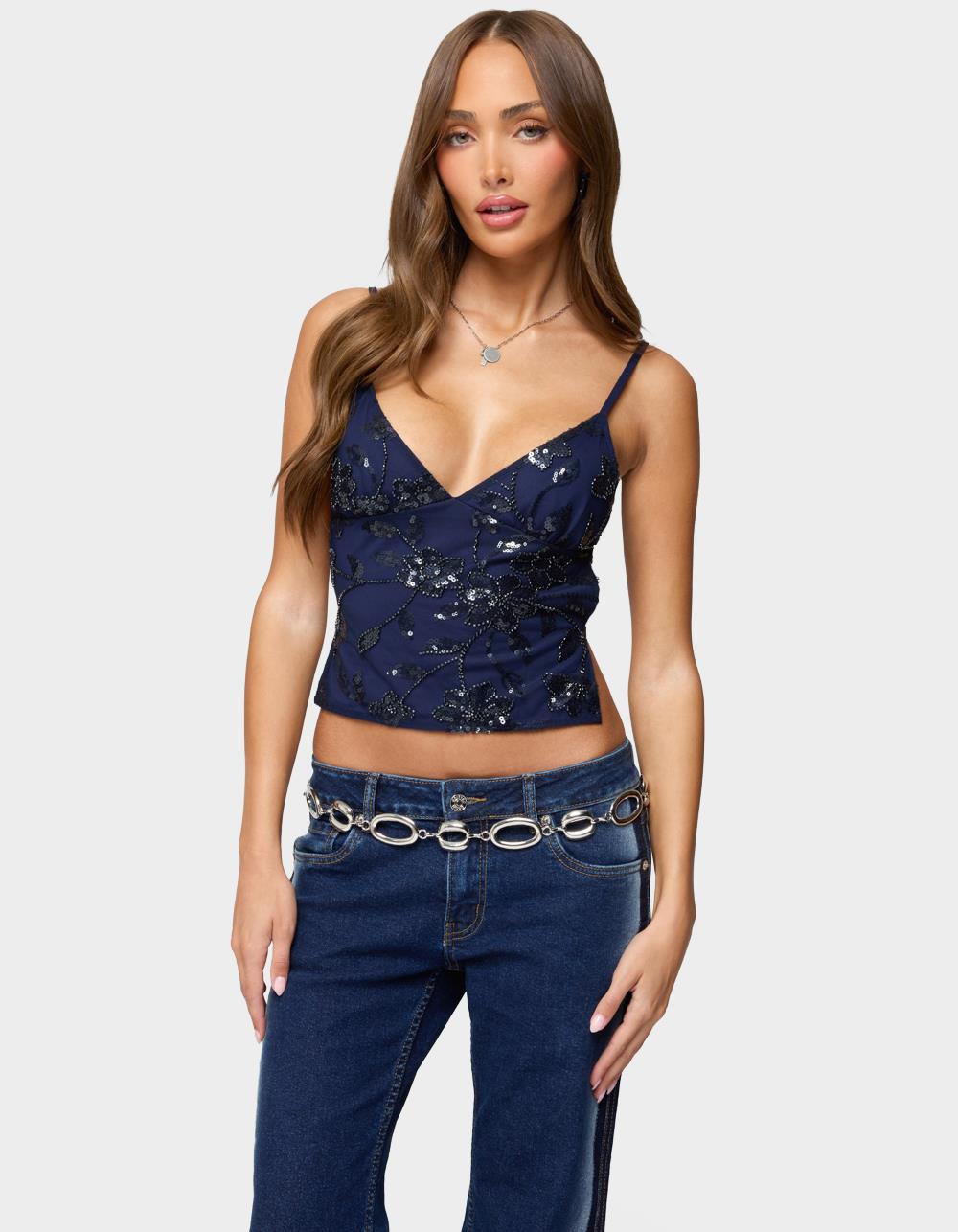 EDIKTED Pia Sequin Floral Backless Top - NAVY