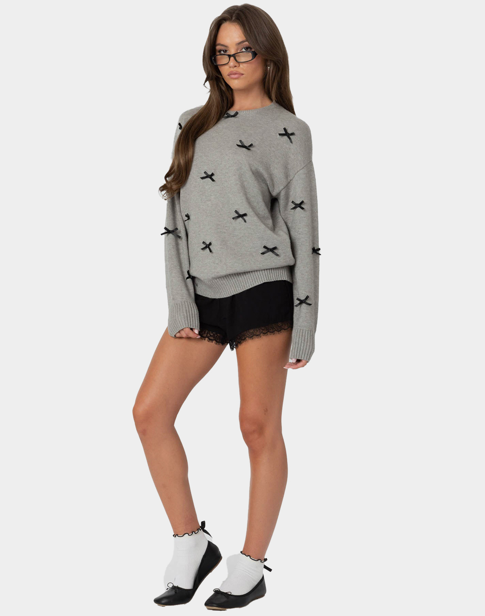 EDIKTED Satin Bow Oversized Sweater - GRAY