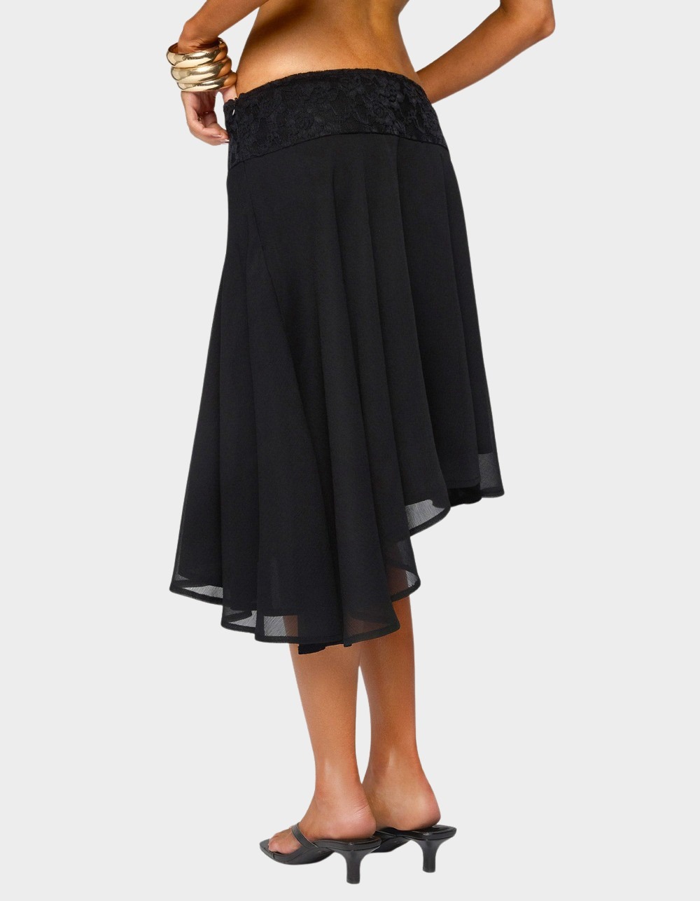 EDIKTED Evia Lacey Asymmetric Midi Skirt - BLACK