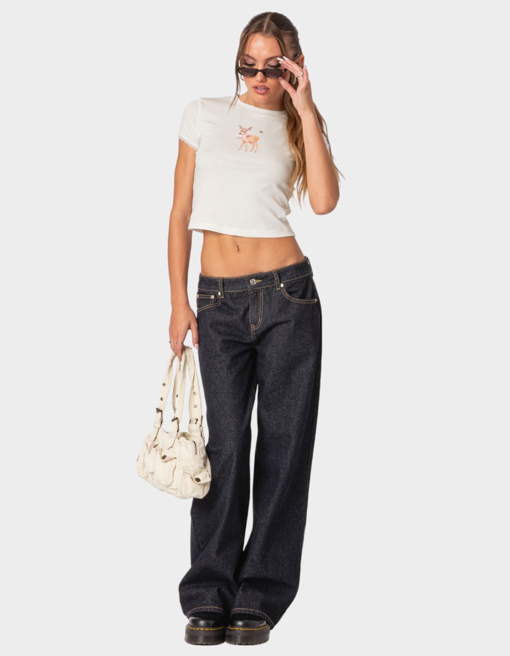 EDIKTED Raelynn Washed Low Rise Jeans - DARK BLUE