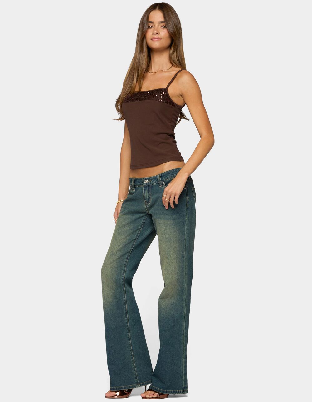 EDIKTED Shakked Sequin Tank Top - BROWN