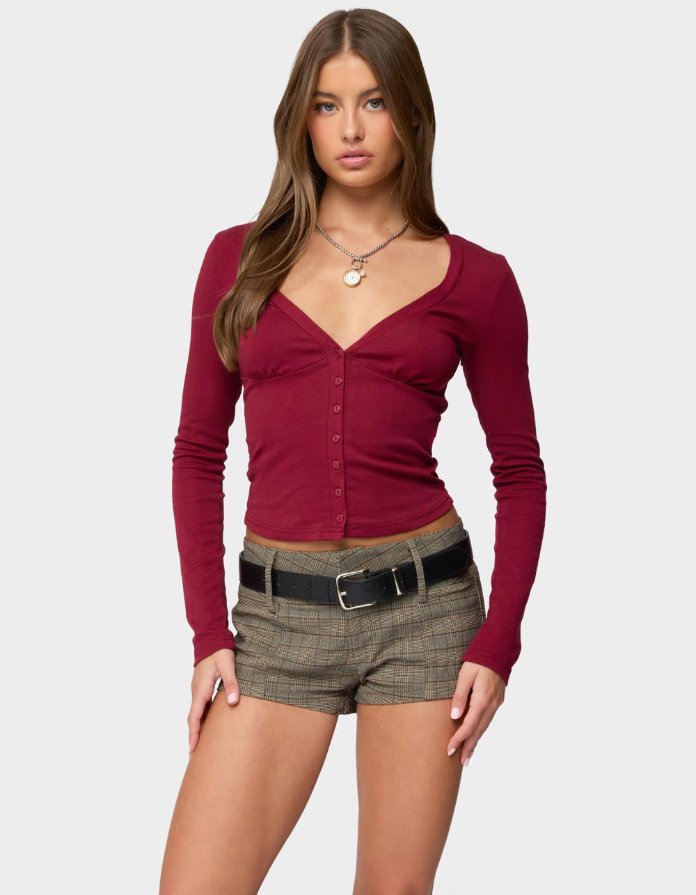EDIKTED Charla V-Neck Button Up Top - DK RED