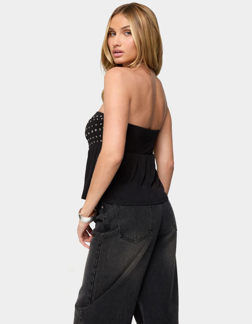 EDIKTED Alease Stud & Grommet Strapless Top - BLACK