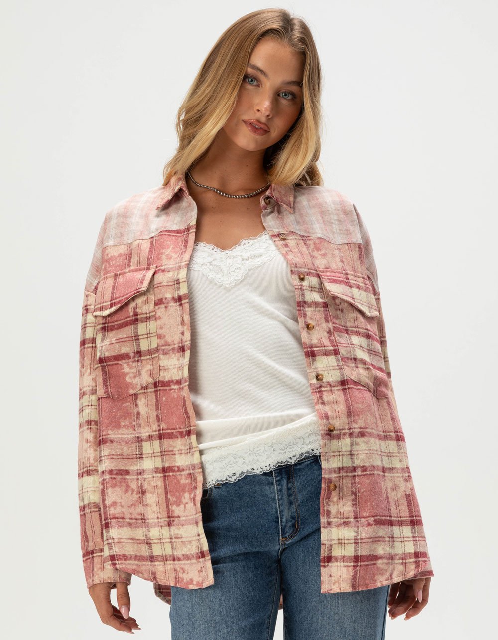 ACOA Womens Oversized Flannel - PINK COMBO