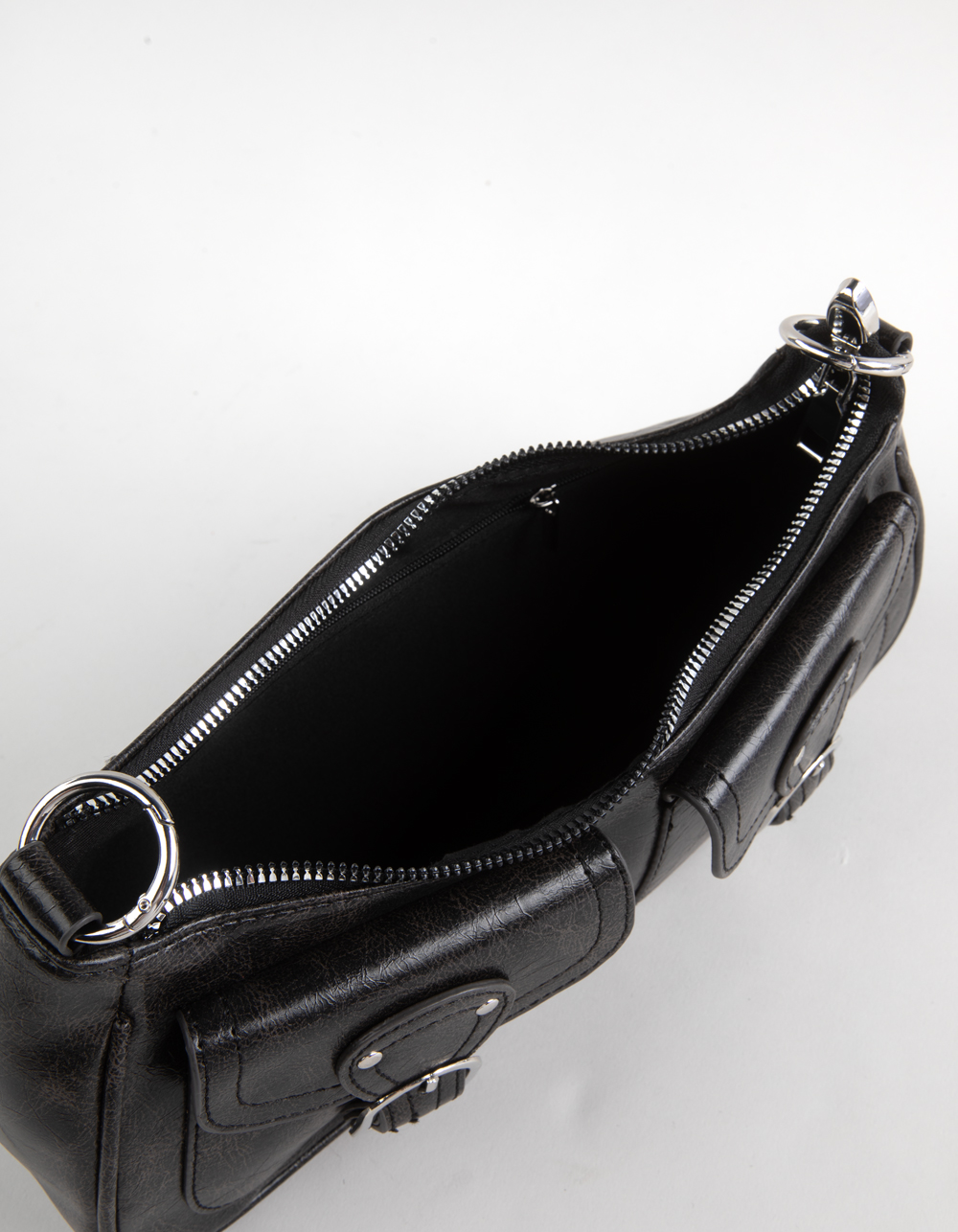 Faux Leather Buckle Shoulder Bag - WASHED BLACK