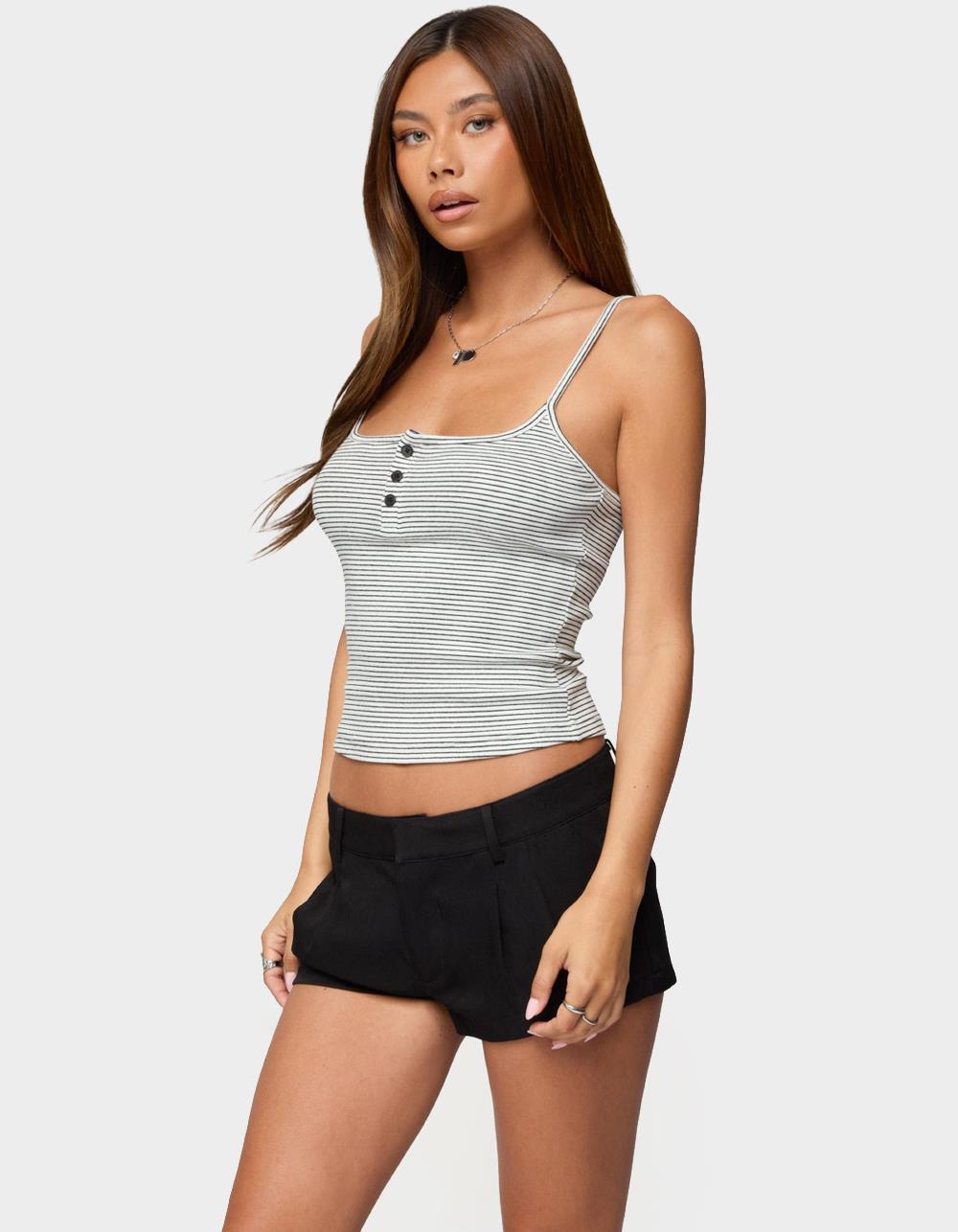 EDIKTED Striped Henley Tank Top - WHITE