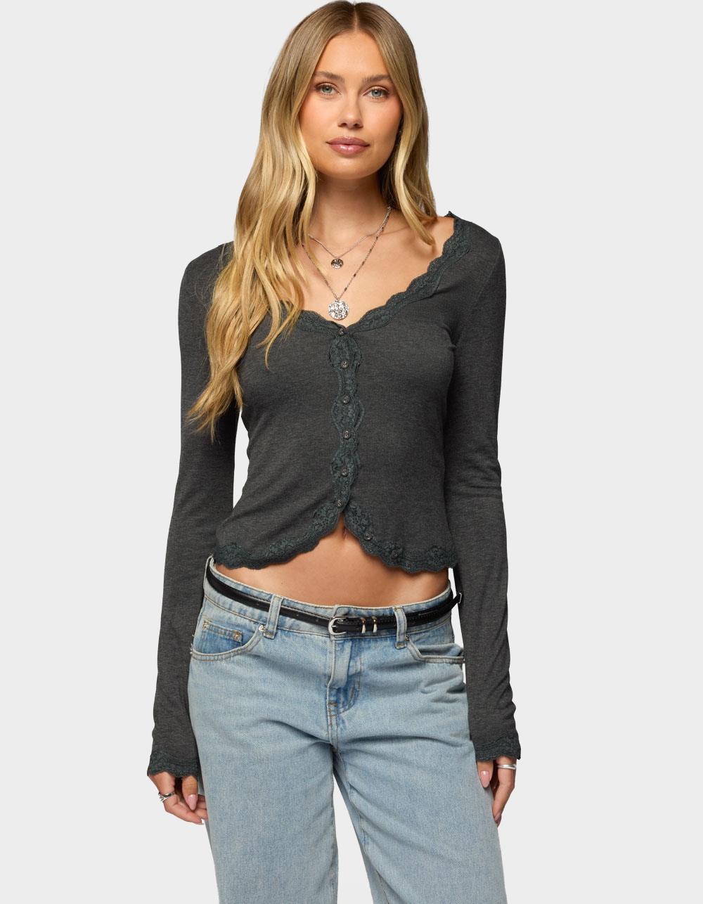 EDIKTED Gayle Lacey Button Up Top - DARK GRAY
