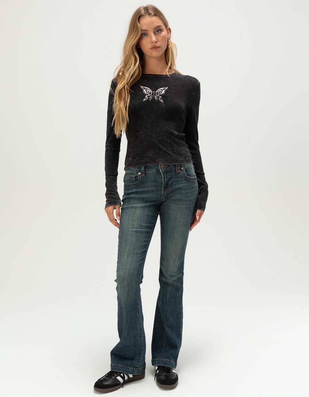 FULL TILT Chrome Butterfly Womens Long Sleeve Baby Tee - BLACK