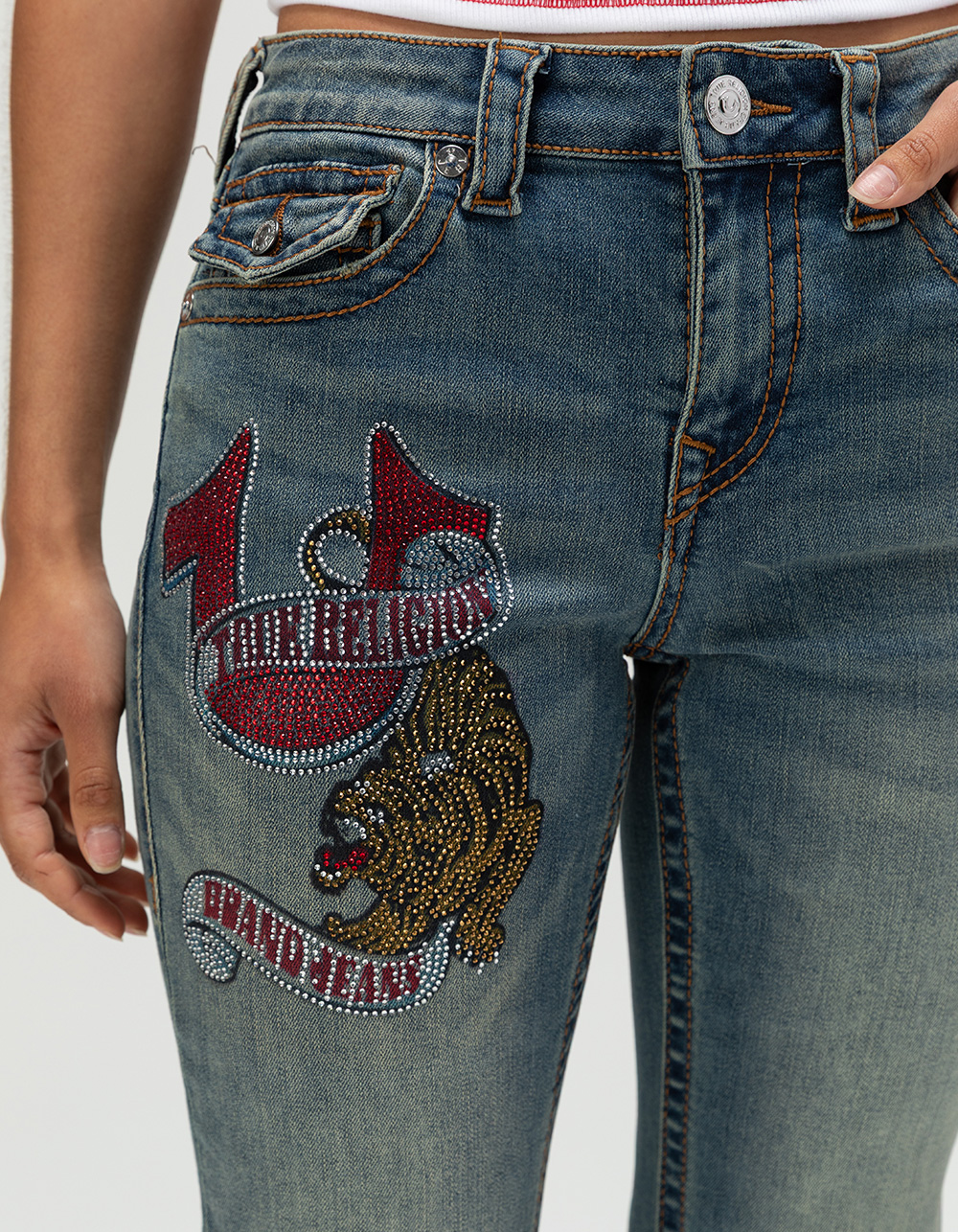 TRUE RELIGION Becca Crystal Tattoo Mid Rise Big T Womens Bootcut Jeans - VINTAGE