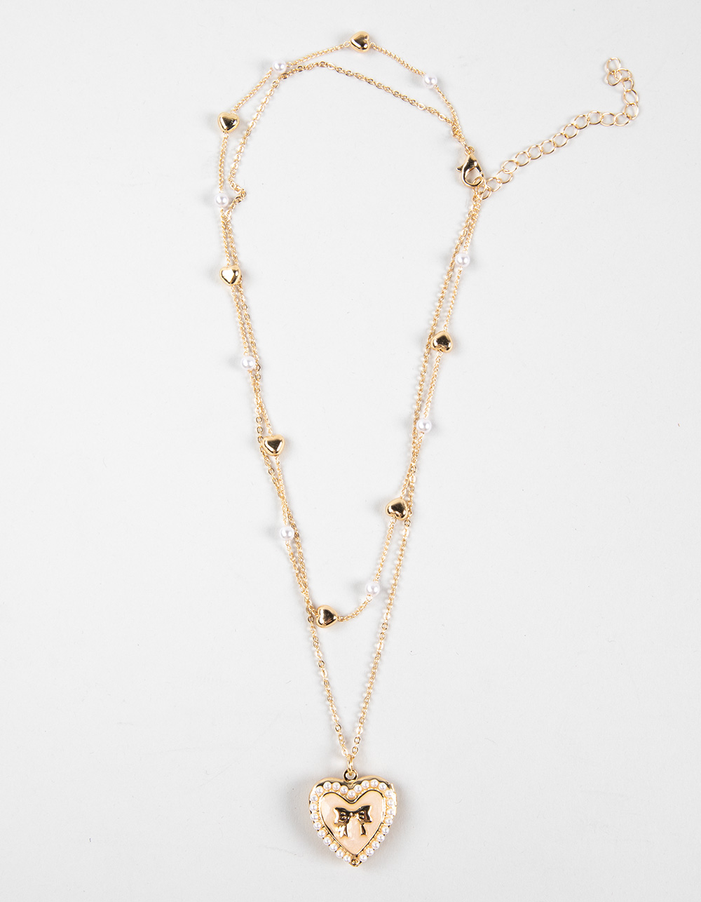 FULL TILT Layered Pearl/Bow Locket Necklace - GOLD