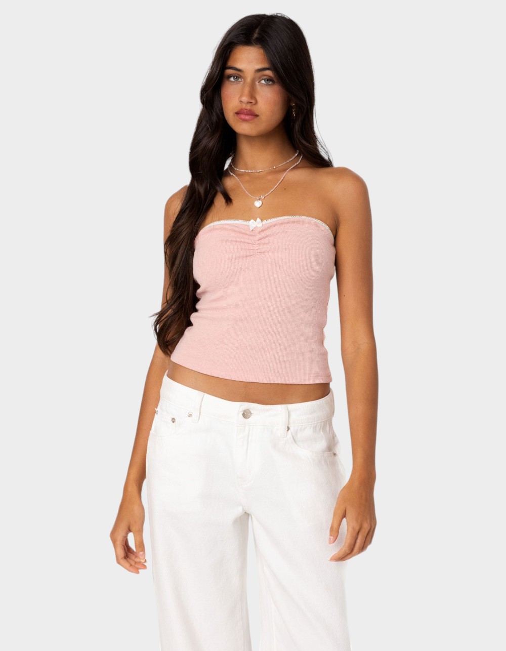 EDIKTED Kacey Strapless Waffle Top - PINK