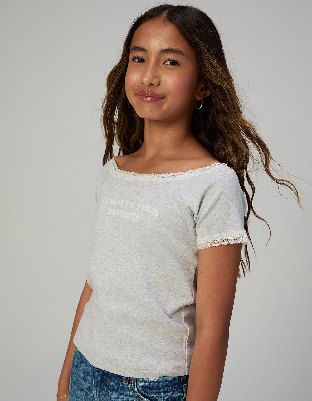 FULL TILT Favorite Girls Lace Trim Tee - HEATHER GRAY