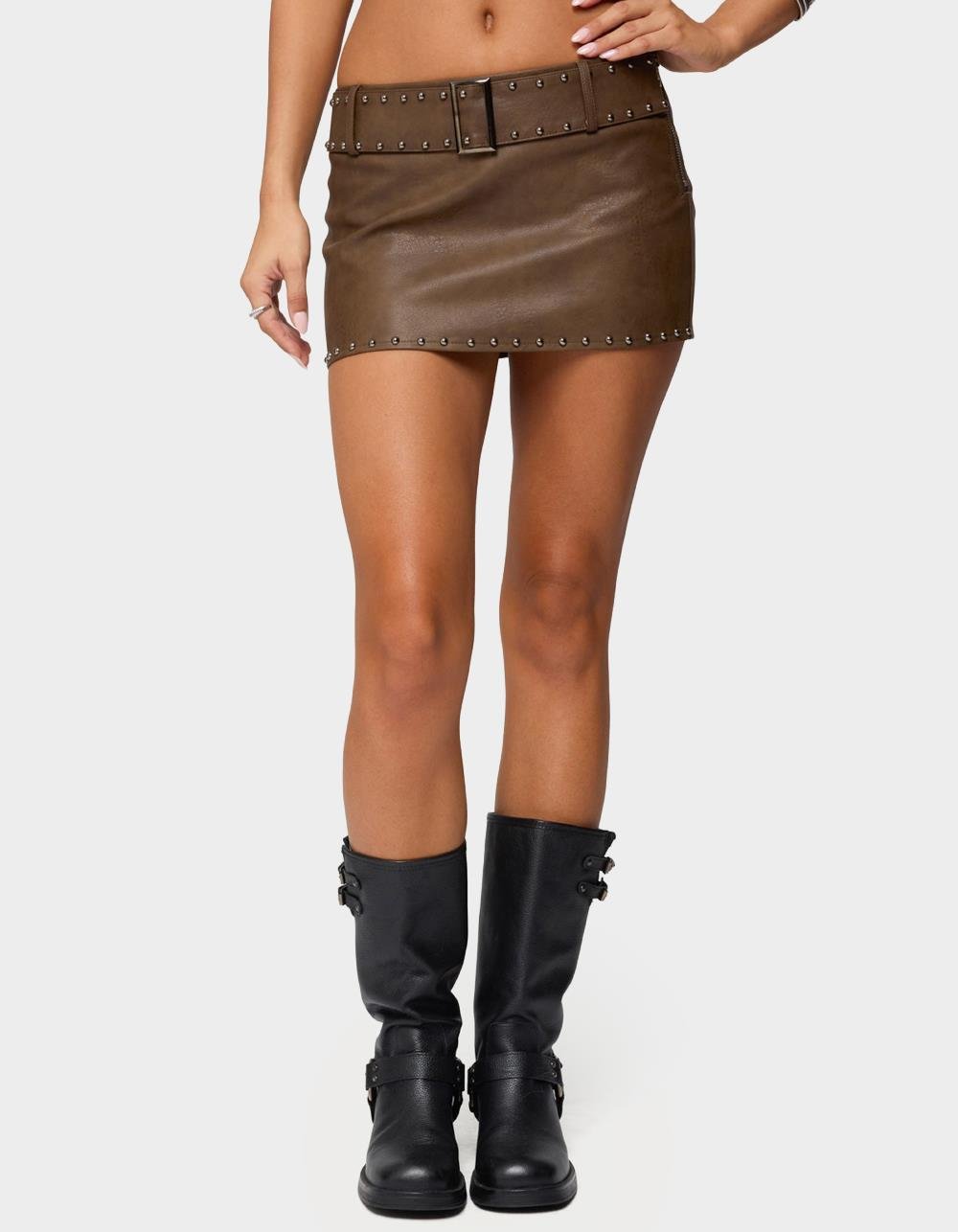EDIKTED Studded Belt Faux Leather Mini Skort - BROWN