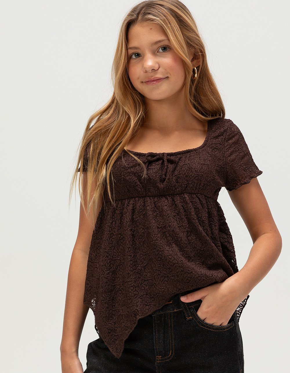 RSQ Girls Texture Babydoll Top - BROWN