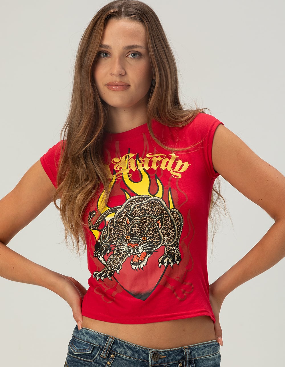 ED HARDY Leopard Panther Womens Tee - RED