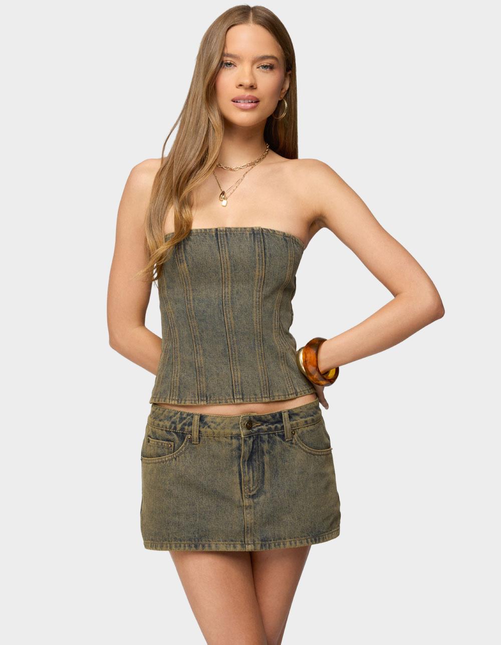 EDIKTED Camelia Strapless Denim Corset - BROWN