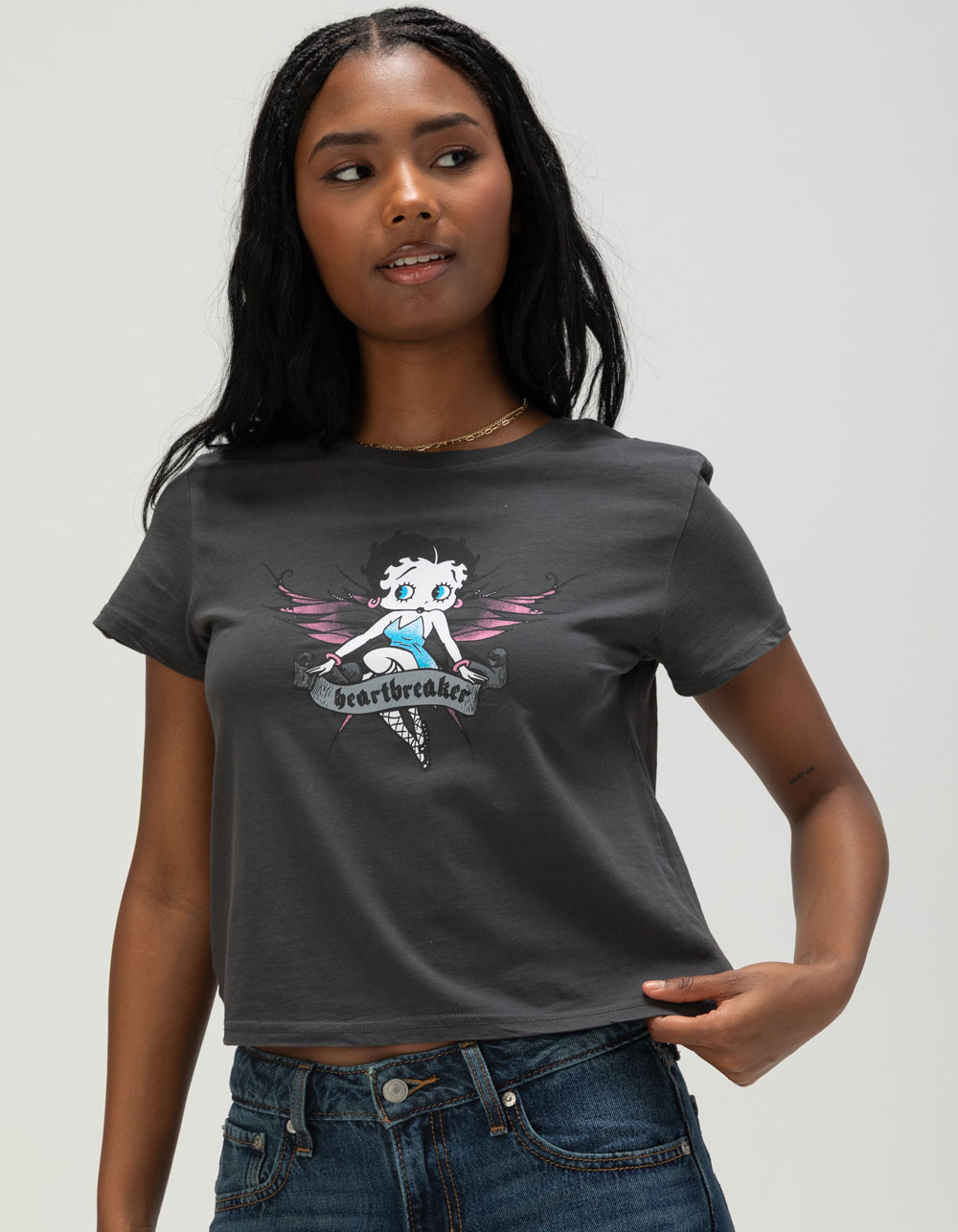 BETTY BOOP Heartbreaker Womens Off The Shoulder Tee - BLACK