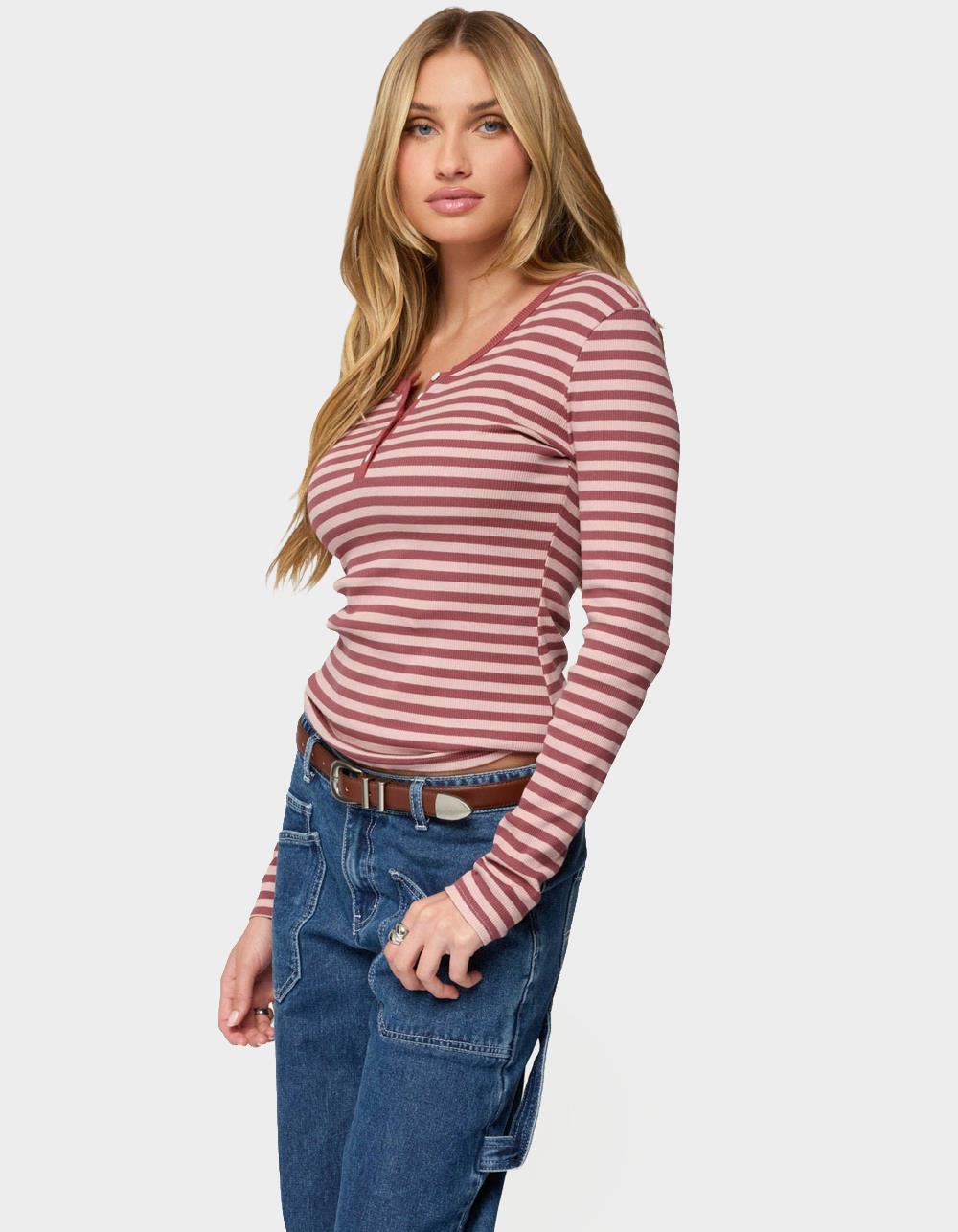 EDIKTED Roma Striped Henley Top - PINK