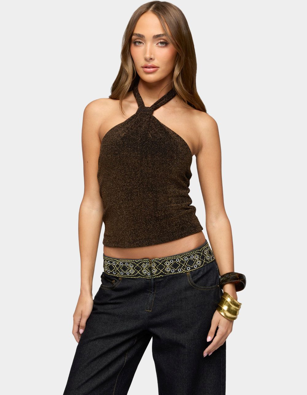 EDIKTED Katalya Glitter Halter Top - BROWN