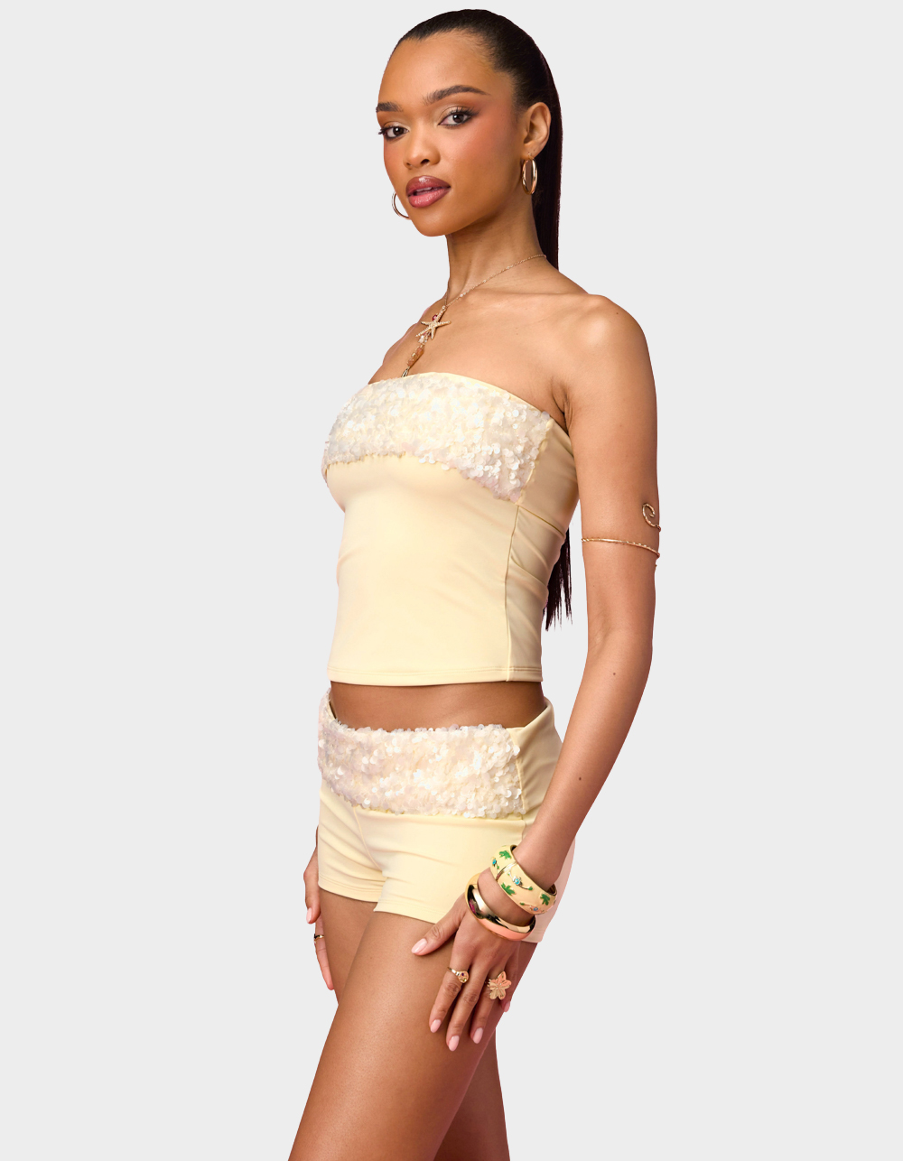 EDIKTED Chic Barbie™ Sequin Tube Top - LT YELLOW