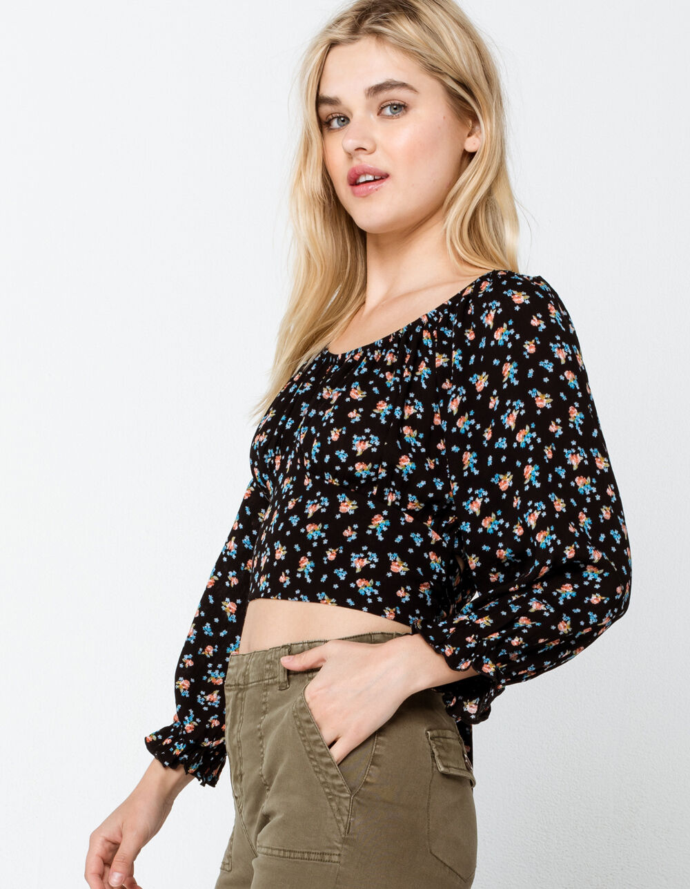 MILEY & MOLLY Tie Back Ditsy Womens Crop Top - BLACK COMBO | Tillys