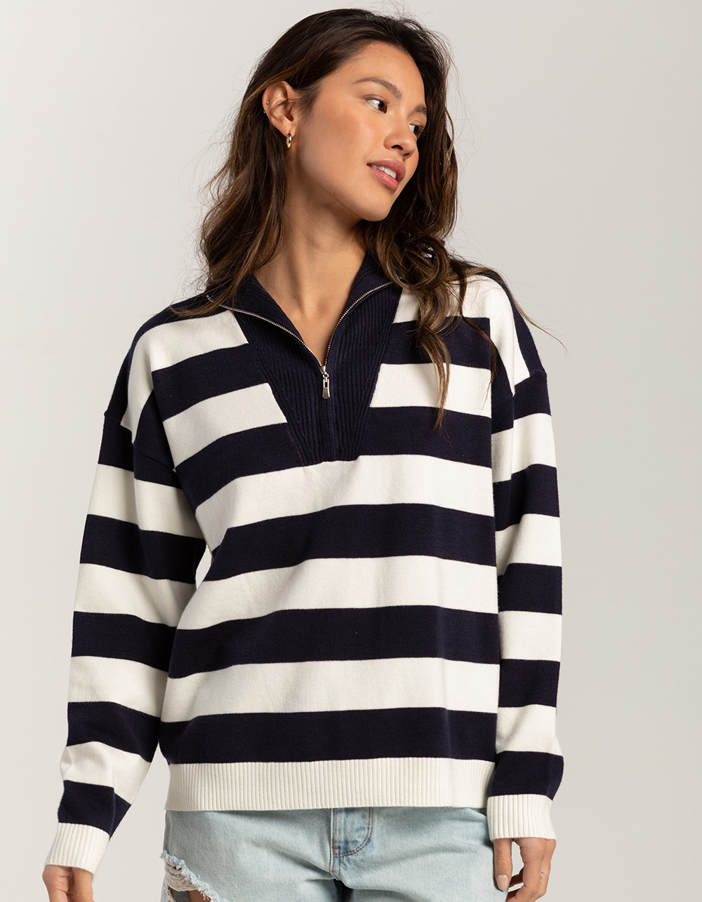 TIMING Stripe Mock Neck Quarter Zip Womens Sweater