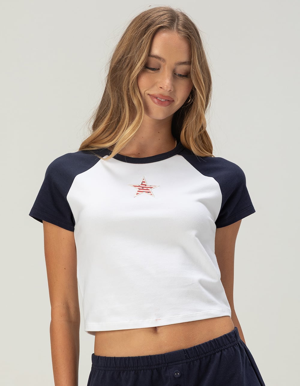 FULL TILT Womens Star Raglan Baby Tee - NAVY/WHITE