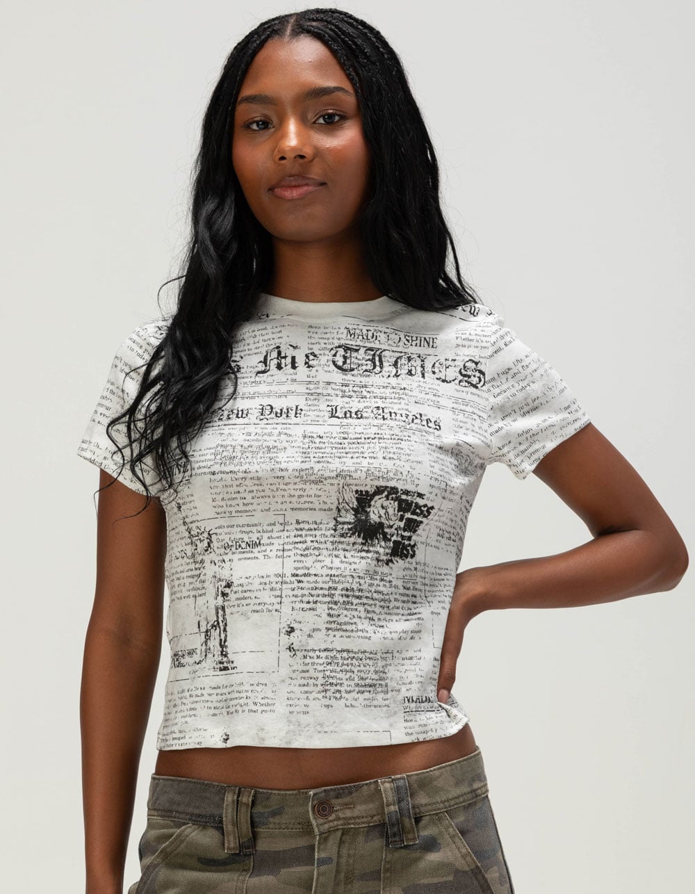 MISS ME Newspaper Print Womens Tee - WHITE