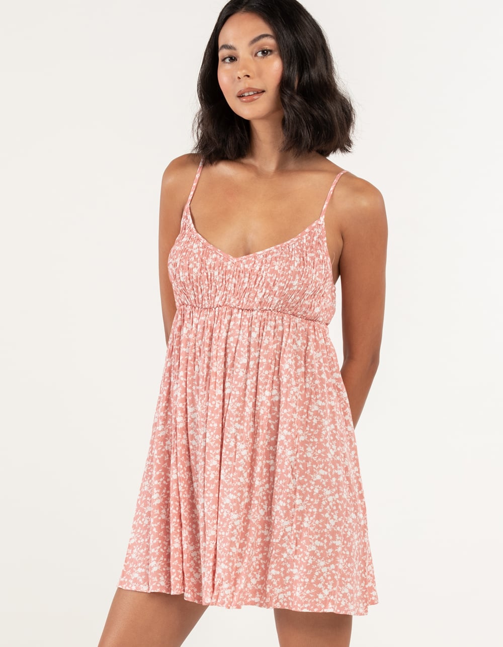 TIMING Floral Smocked Babydoll Dress MAUVE Tillys