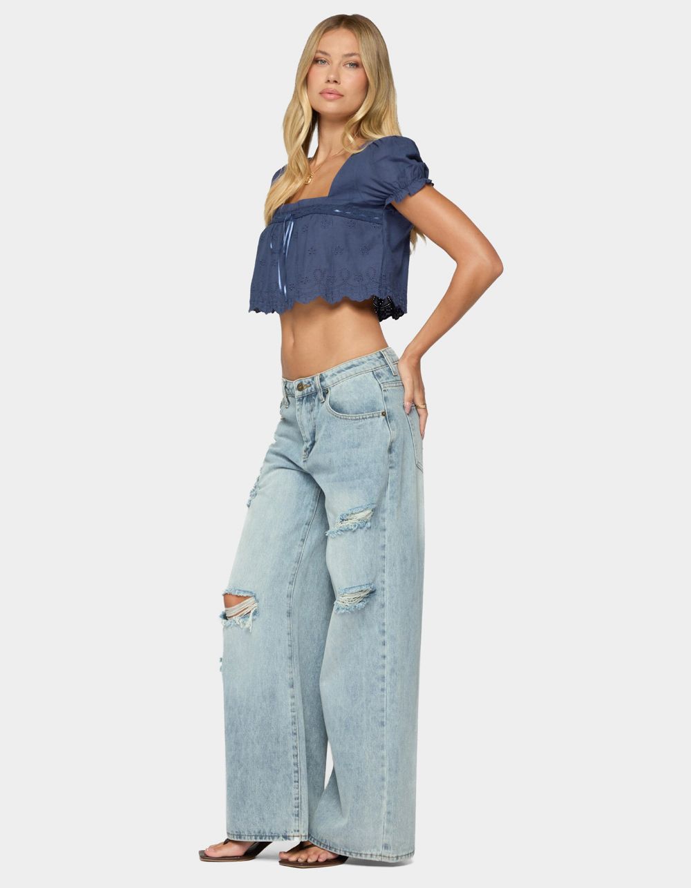 EDIKTED Joeli Cotton Eyelet Crop Top - NAVY