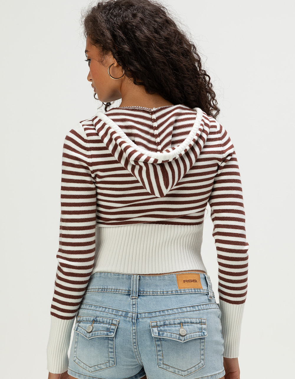 RSQ Womens Stripe Zip-Up Hooded Sweater - BROWN COMBO
