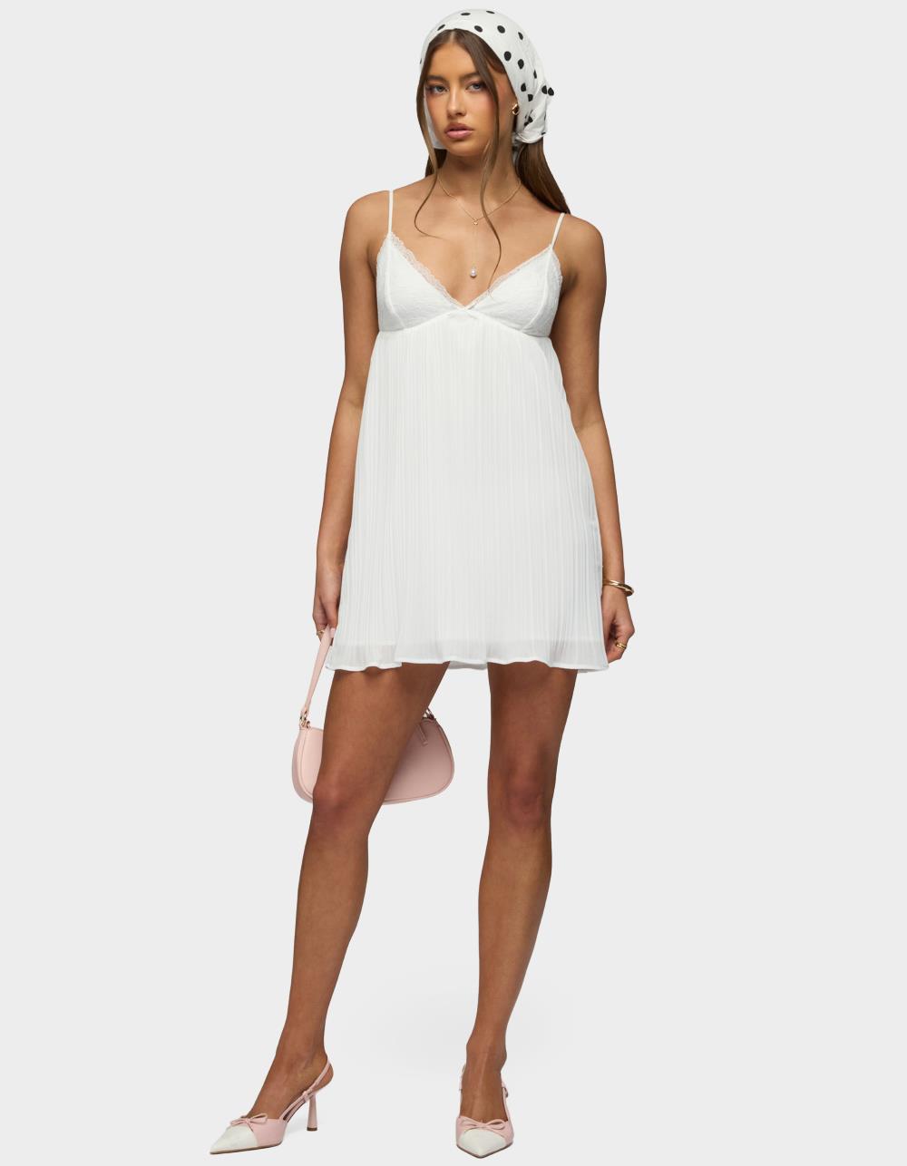 EDIKTED Lacey Pleated Chiffon Mini Dress - BEIGE