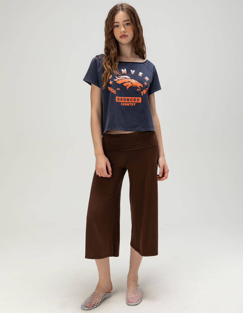 The WILD COLLECTIVE Denver Broncos Womens Off Shoulder Tee - BLUE