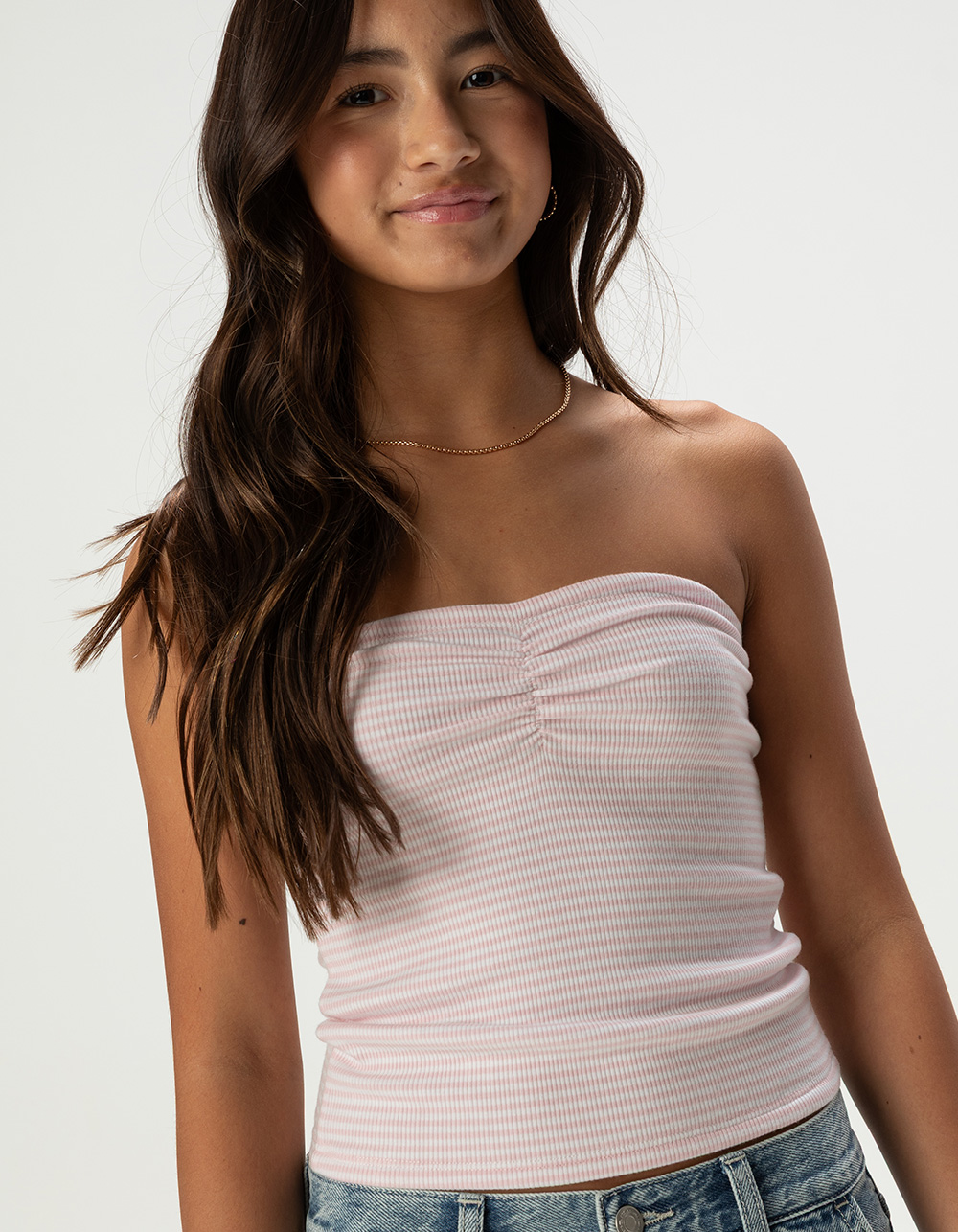 FULL TILT Essentials Girls Stripe Tube Top - PNK/WHT