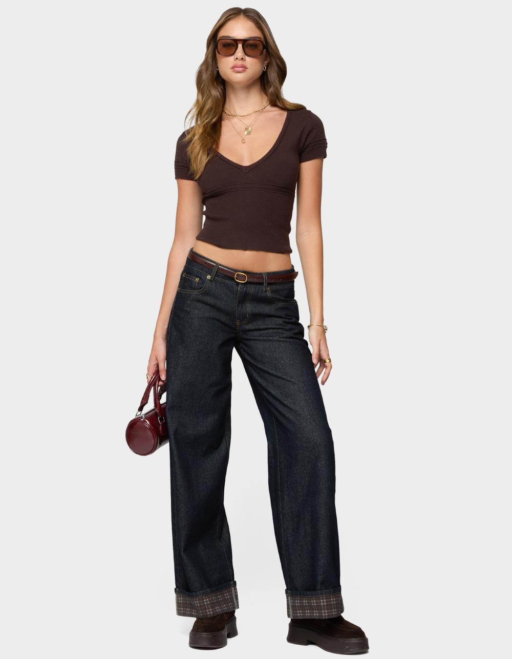 EDIKTED Theresa V-Neck Knit Top - BROWN