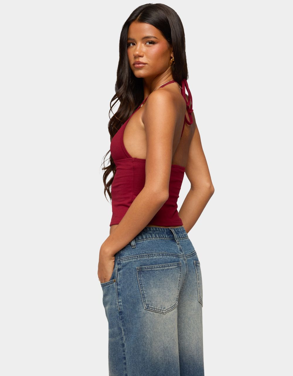 EDIKTED Noriah V-Neck Halter Top - DK RED
