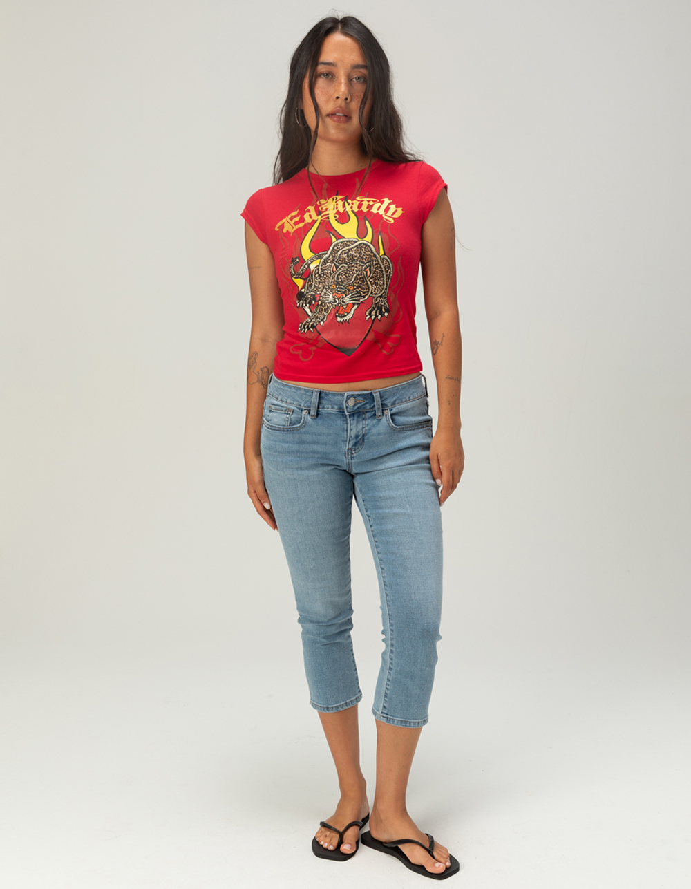 ED HARDY Leopard Panther Womens Cap Sleeve Tee - RED