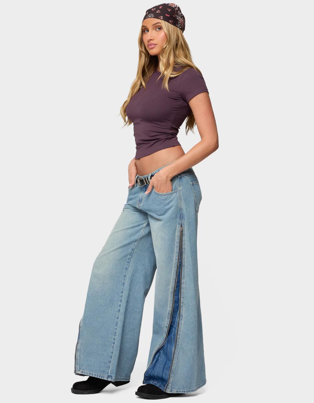 EDIKTED Zippered Washed Wide Leg Jeans - BLUE