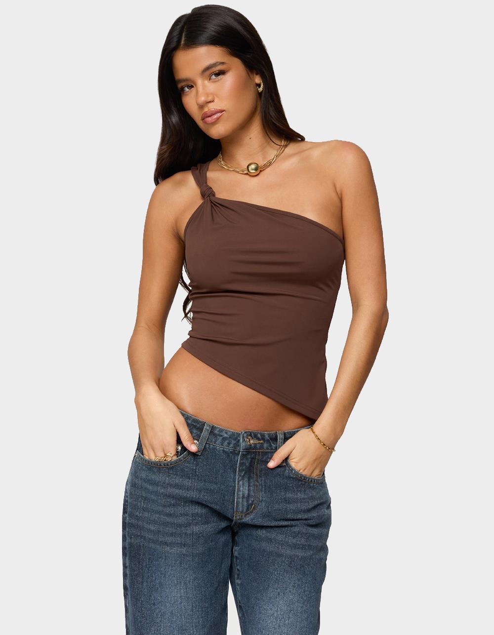 EDIKTED Knotted One Shoulder Asymmetric Top - DARK BROWN