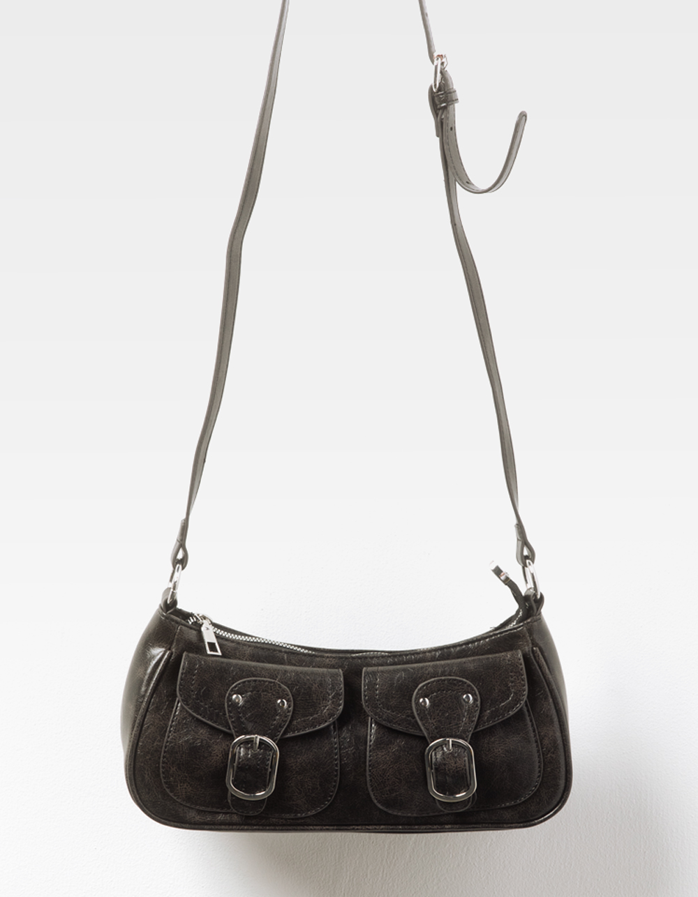 Faux Leather Buckle Shoulder Bag - WASHED BLACK