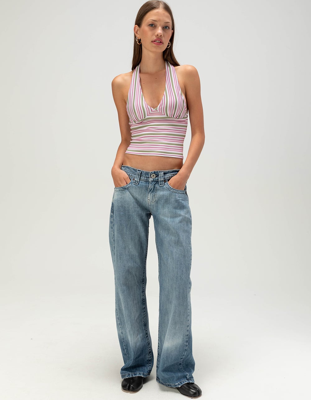 FULL TILT Womens Stripe Halter Top - GREEN COMBO