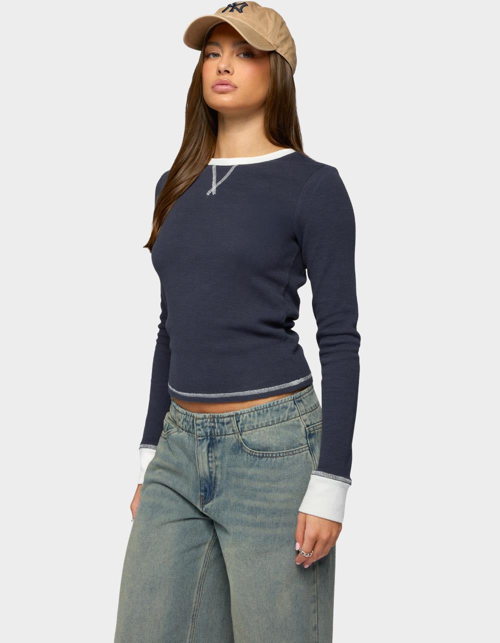 EDIKTED Rora Contrast Long Sleeve Waffle Top - NAVY