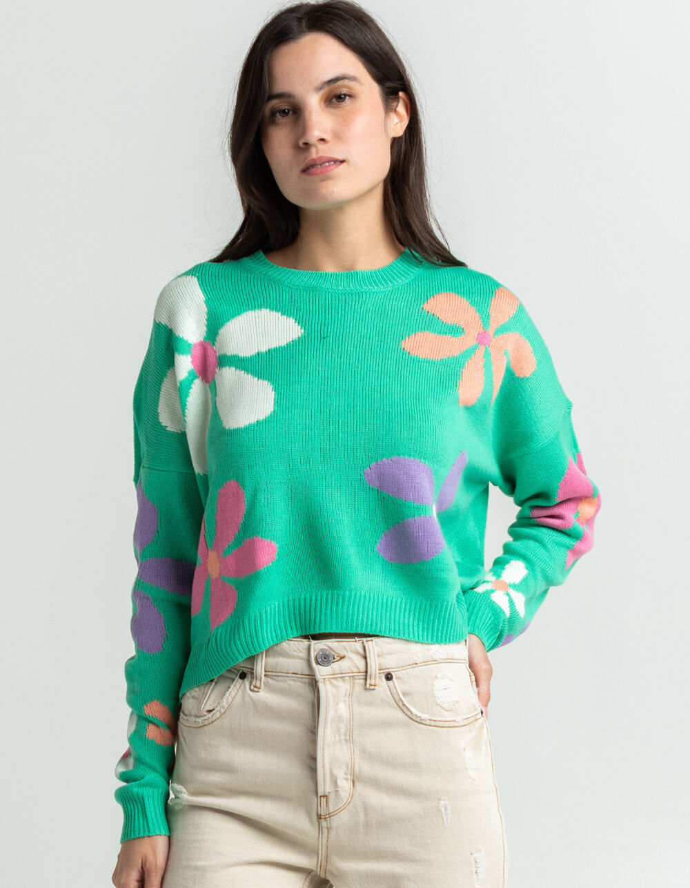 FULL TILT Floral Womens Sweater - GREEN 