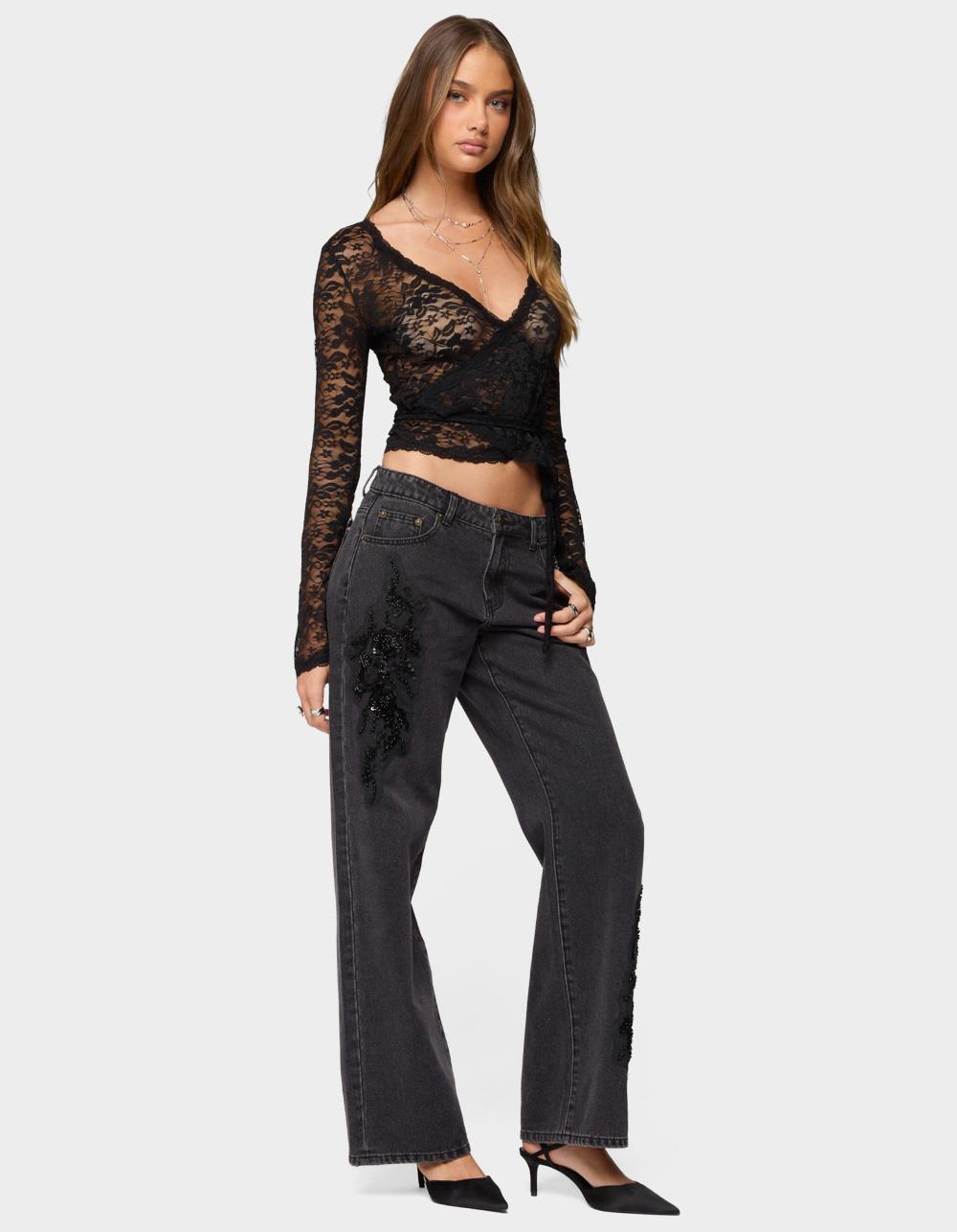 EDIKTED Rossa Beaded Low Rise Jeans - BLACK