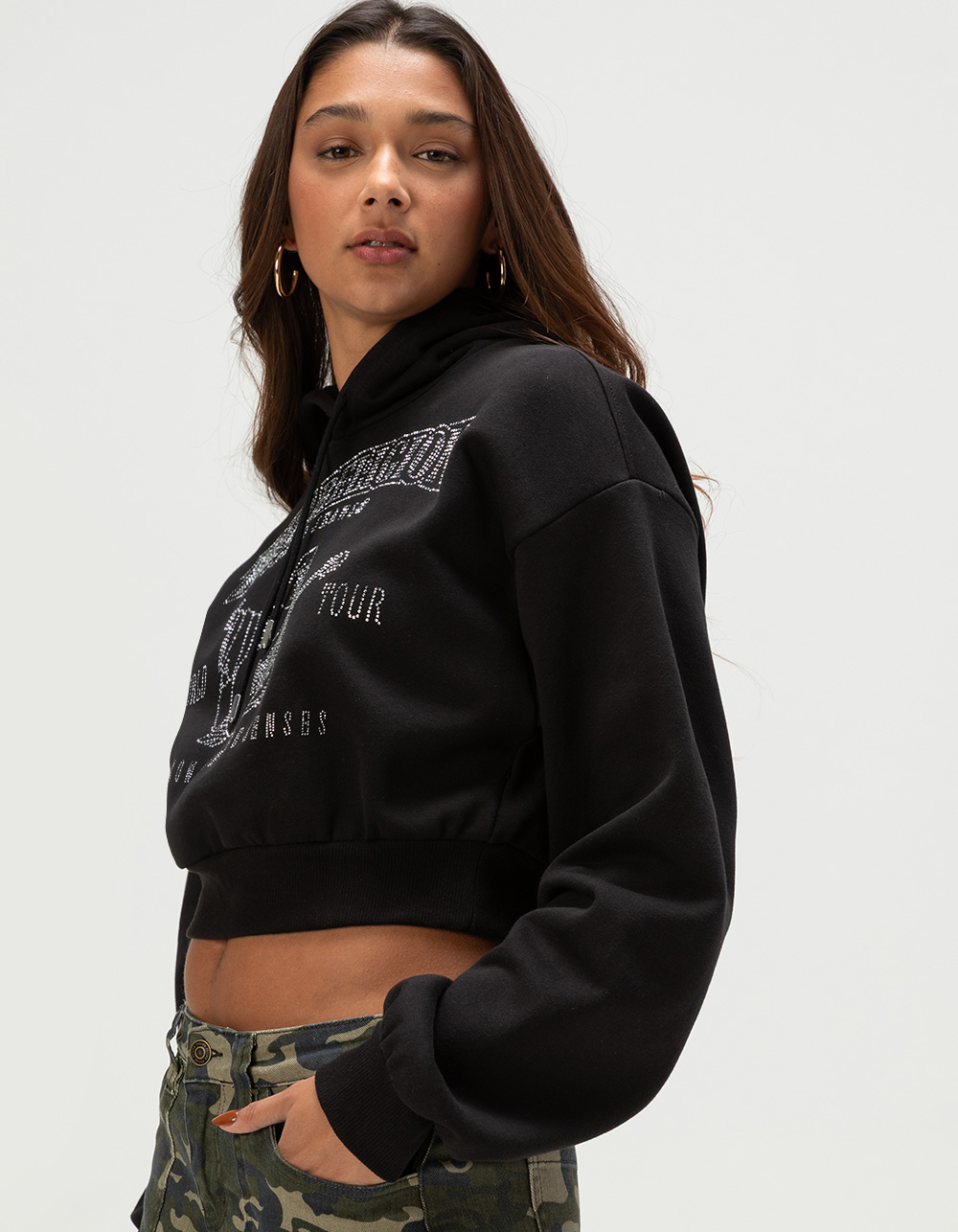 TRUE RELIGION Crystal Logo Womens Crop Hoodie - BLACK