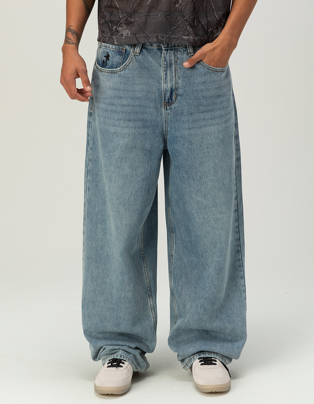 RSQ Mens Extra Baggy Embroidered Jeans - TINTED DENIM