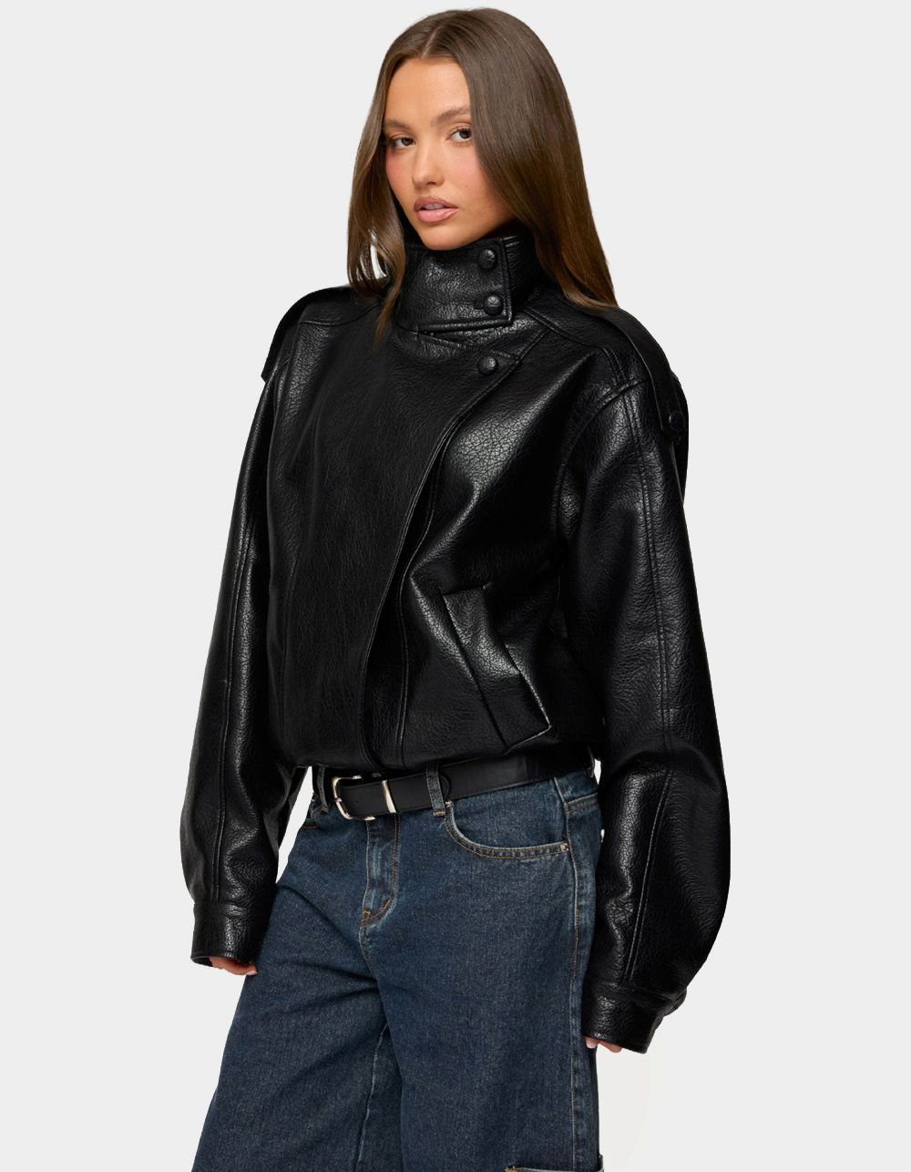 EDIKTED Jaicee High Neck Oversized Faux Leather Jacket - BLACK