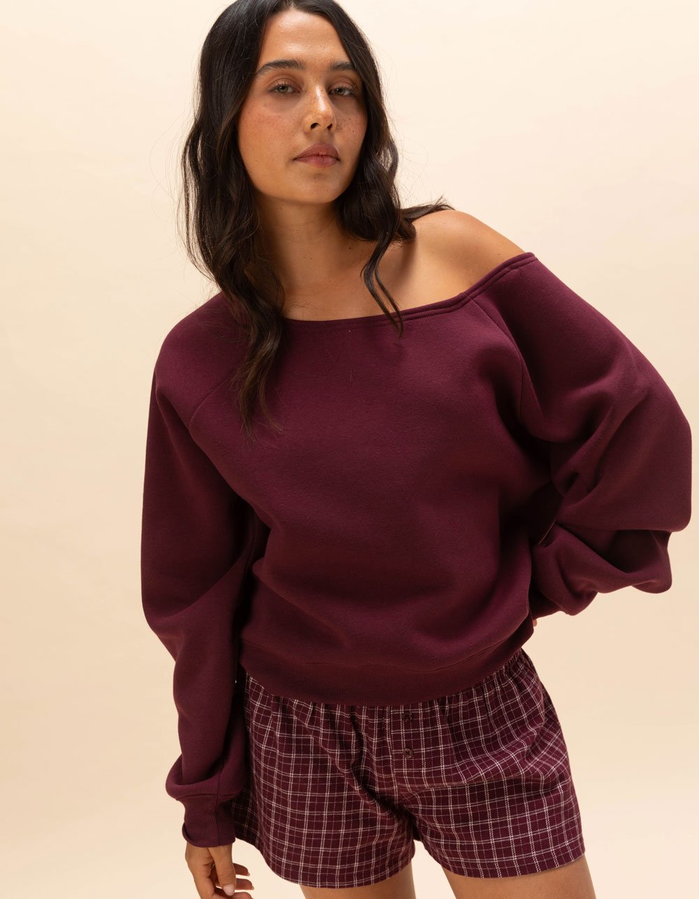 TILLYS Off The Shoulder Womens Sweatshirt - FIG